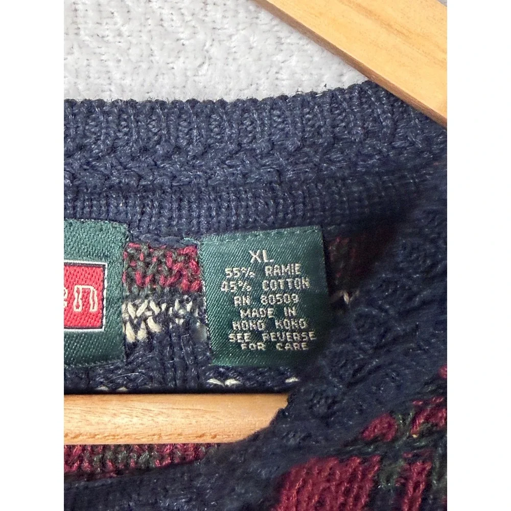 VTG Stone Haven Mens XL Plaid Crewneck Sweater Navy Green Red Ramie Cotton